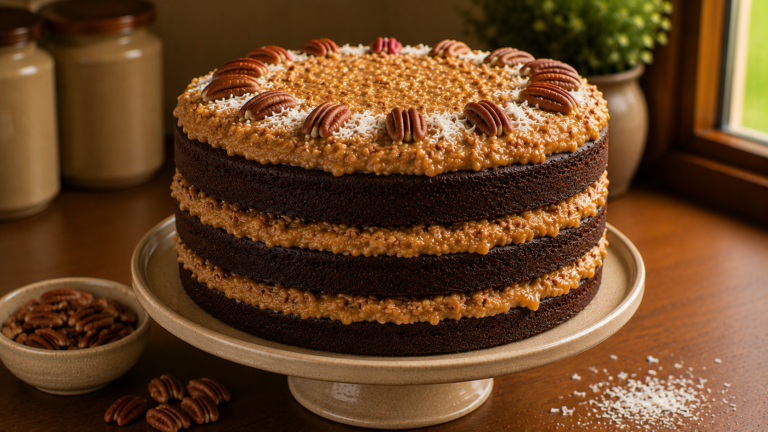 Decadent German Chocolate Cake with Coconut Pecan Frosting