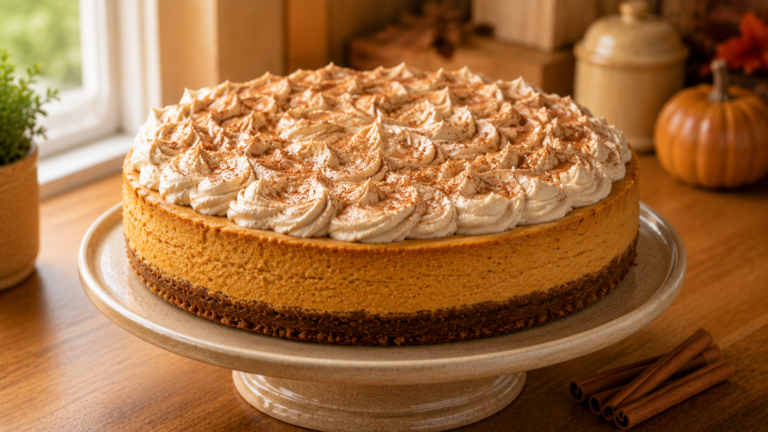 Spiced Pumpkin Cheesecake with Gingersnap Crust and Brown Sugar Cream