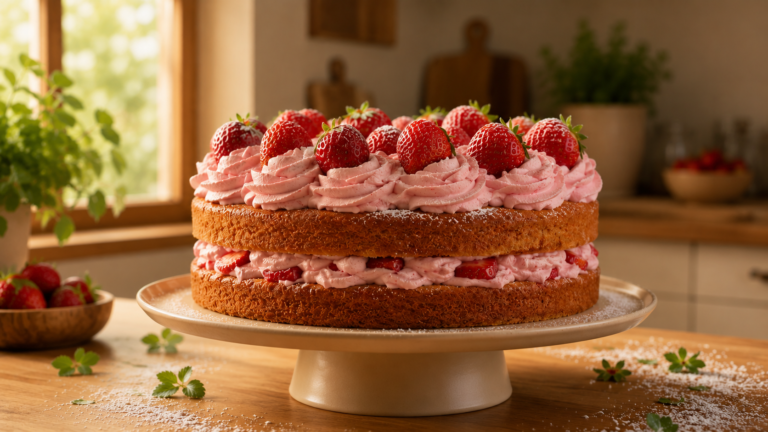 Rosy Strawberry Cake With Silky Fresh Cream Frosting Swirls