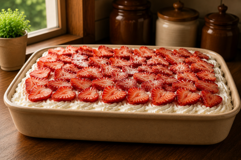 Soaked Strawberry Tres Leches Cake with Whipped Cream Topping