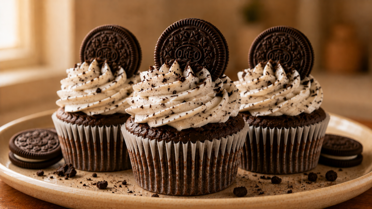 Oreo-Packed Cookies and Cream Cupcakes with Whipped Frosting
