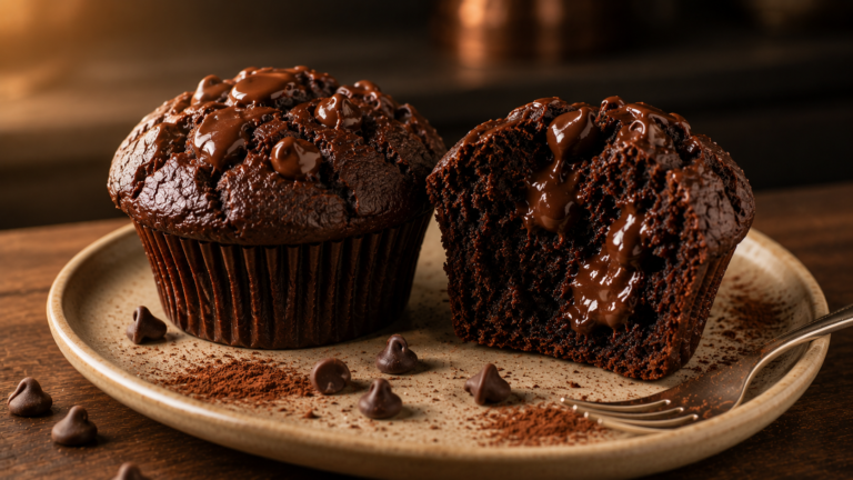 Ultra-Fudgy Double Chocolate Muffins with Melted Ganache Tops