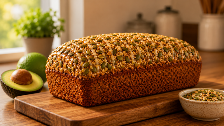Moist Avocado Bread with Honey Lime Glaze and Toasted Seeds
