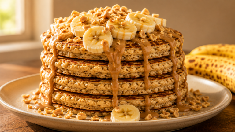 Naturally Sweet Banana Oatmeal Pancakes Recipe with Peanut Butter