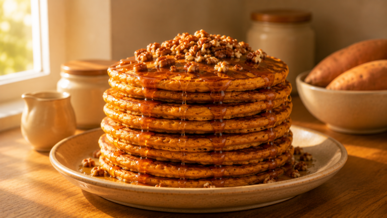 Cinnamon-Spiced Sweet Potato Pancakes Topped with Warm Maple Pecans