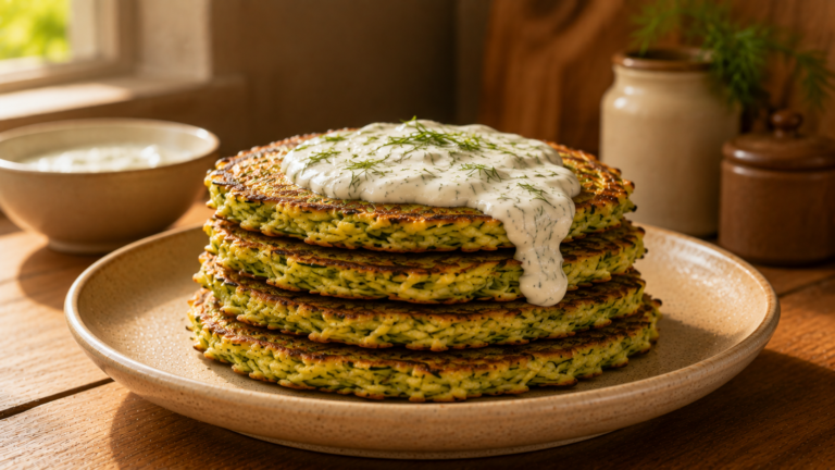Crispy Herbed Zucchini Pancakes with a Cool Garlic Yogurt Sauce