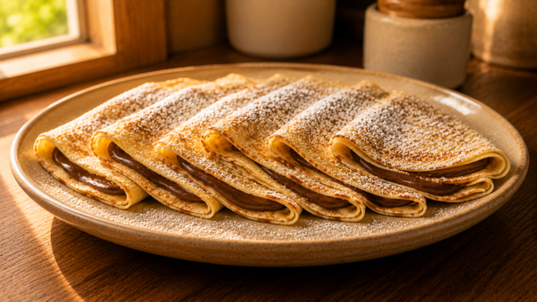 Delicate French Crepes Folded with Warm Nutella and Fresh Banana