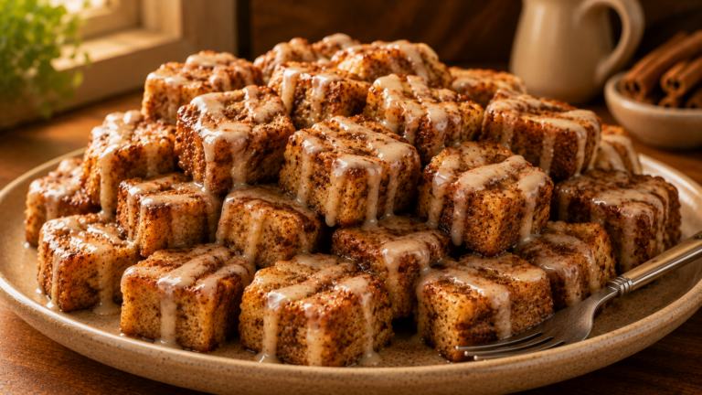 Crispy Cinnamon Roll French Toast Bites with Sweet Glaze