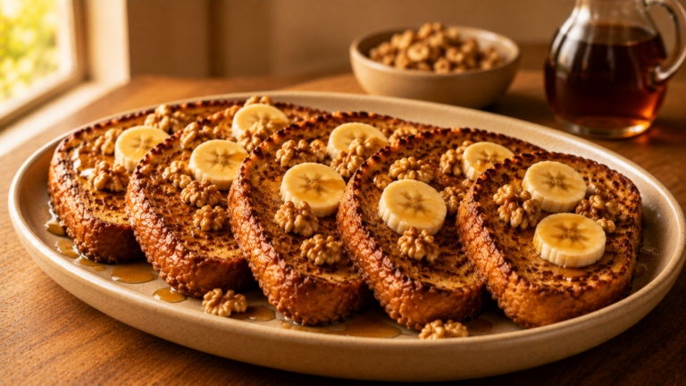 Custard-Soaked Banana Bread French Toast with Toasted Walnuts