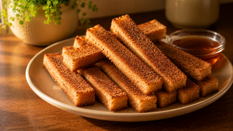 Crispy Baked French Toast Sticks with Warm Maple Dipping Syrup