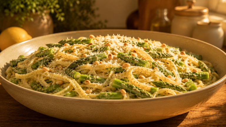 Creamy Lemon Asparagus Pasta Recipe with Parmesan and Toasted Pine Nuts