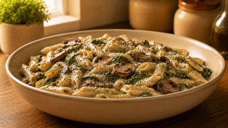 Creamy Garlic Boursin Pasta with Mushrooms and Wilted Spinach