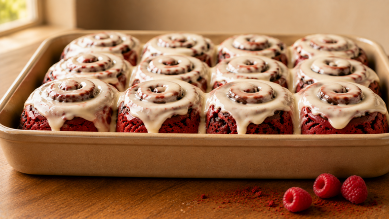 Rich Cocoa Swirled Red Velvet Cinnamon Rolls with Cream Cheese Icing