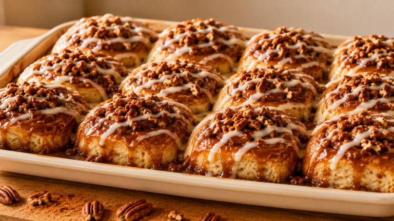 Buttery Overnight Rhodes Cinnamon Rolls with Caramel Pecan Topping