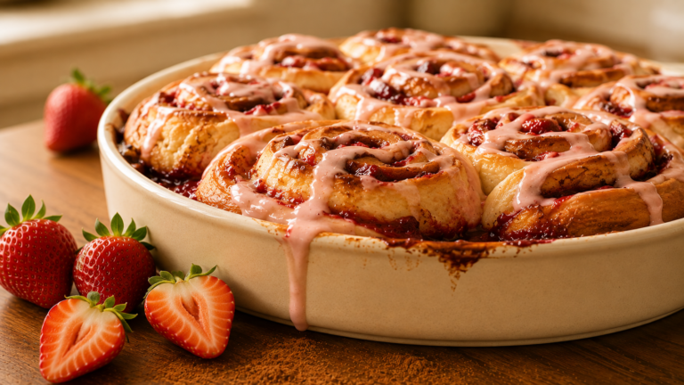 Jammy Roasted Strawberry Cinnamon Rolls with Cream Cheese Icing