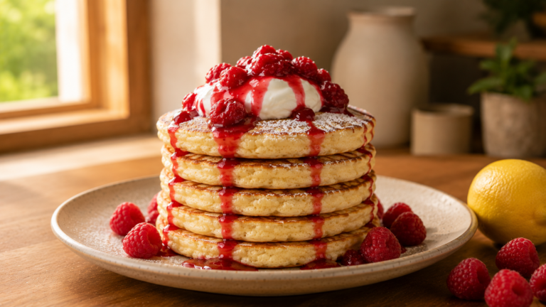 High Protein Cottage Cheese Pancakes with Warm Raspberry Compote