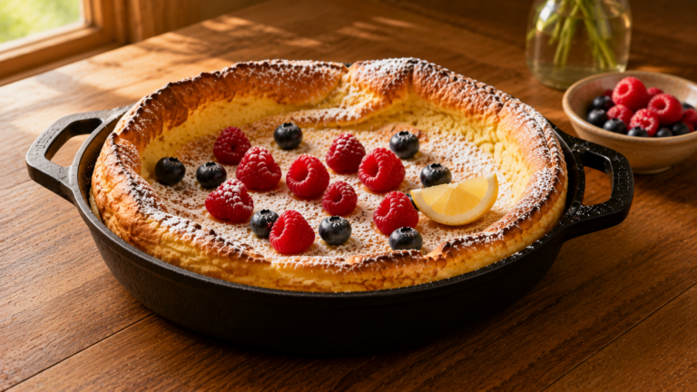 Puffy Golden Dutch Baby Pancake Baked in a Cast Iron Skillet