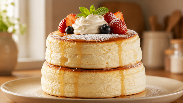 Tall Jiggly Fluffy Japanese Pancakes Made with Whipped Meringue