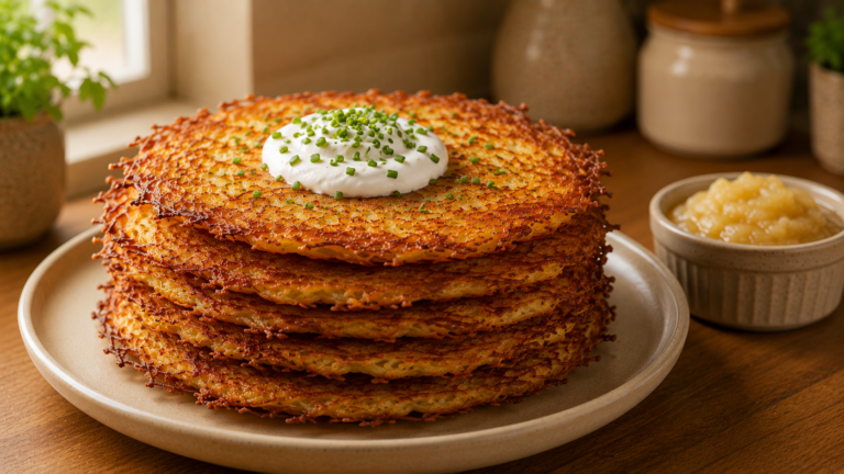Crispy Golden German Potato Pancakes with Applesauce and Sour Cream