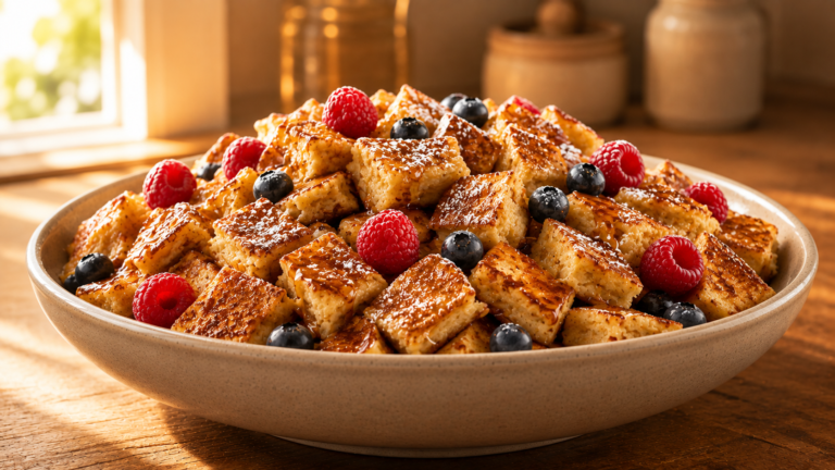 Fluffy Chopped Scrambled Pancakes Tossed in Warm Maple Syrup