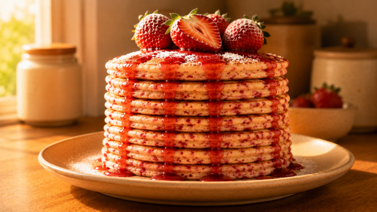 Pink-Swirled Strawberry Pancakes with Warm Berry Syrup Drizzle