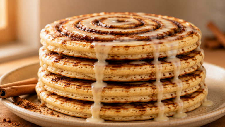 Caramelized Swirl Cinnamon Roll Pancakes with Cream Cheese Glaze