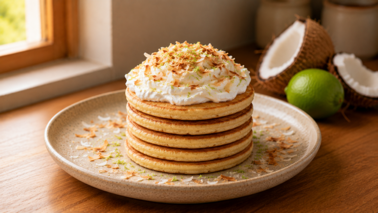 Tender Coconut Flour Pancakes with Whipped Cream and Toasted Flakes