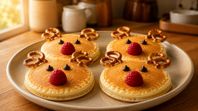 Playful Reindeer Pancakes with a Sweet Banana Antler Face Design
