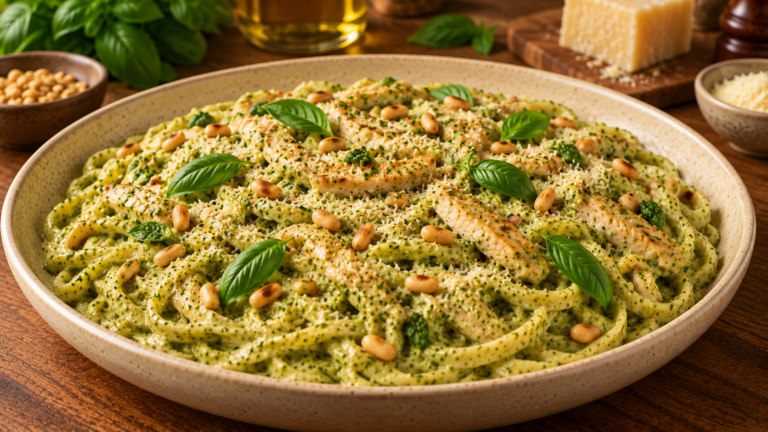 Creamy Pesto Pasta Recipe with Chicken and Toasted Pine Nuts
