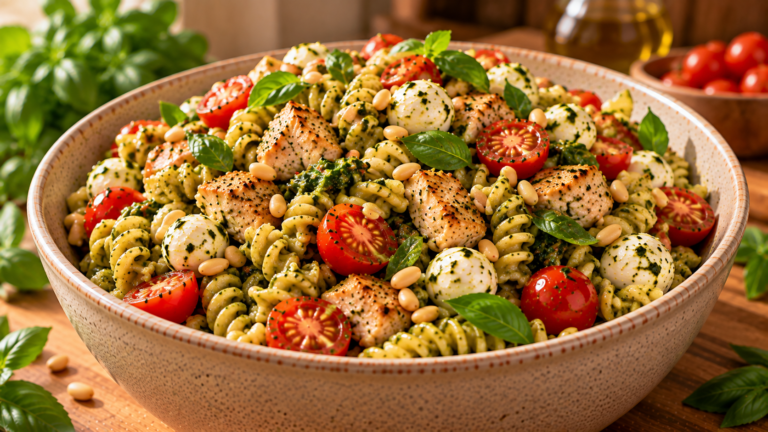 Healthy Pesto Chicken Pasta Salad with Cherry Tomatoes and Mozzarella