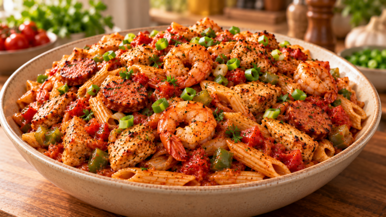 Hearty One-Pot Jambalaya Pasta with Chicken, Sausage, and Shrimp
